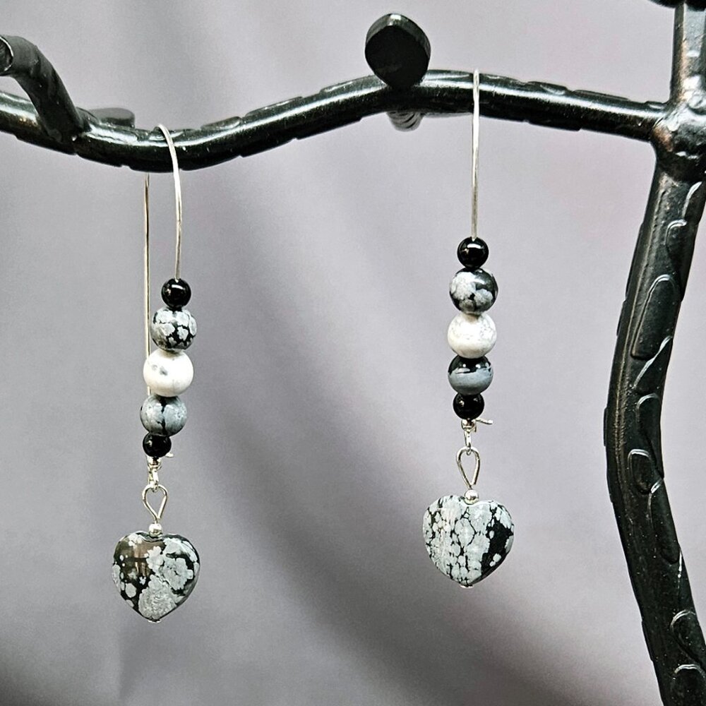 GU Earrings of Genuine Snowflake Obsidian Hearts on Kidney Ear wires Handmade